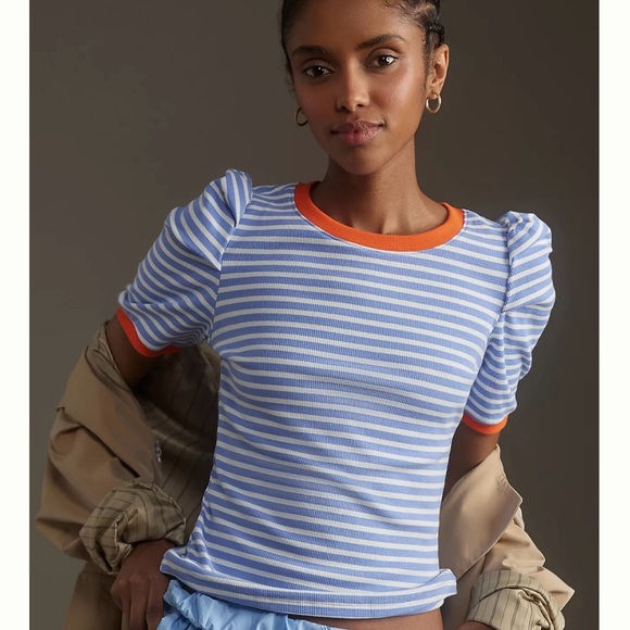 Anthropologie Maeve Striped T Shirt with Puffed Sleeves size Large - Picture 1 of 6